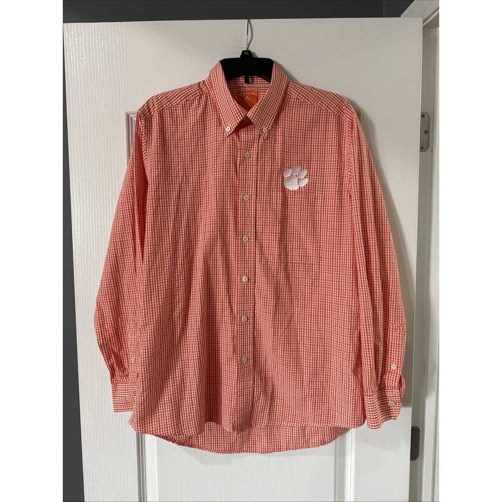 Clemson Tigers Men's Size Large Orange Gingham Button-down Shirt Embroidered Paw